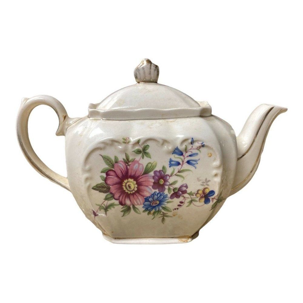 Vintage Sadler England Cube Teapot Floral Wildflowers w/ Gold Trim 4 3/4" 1950s